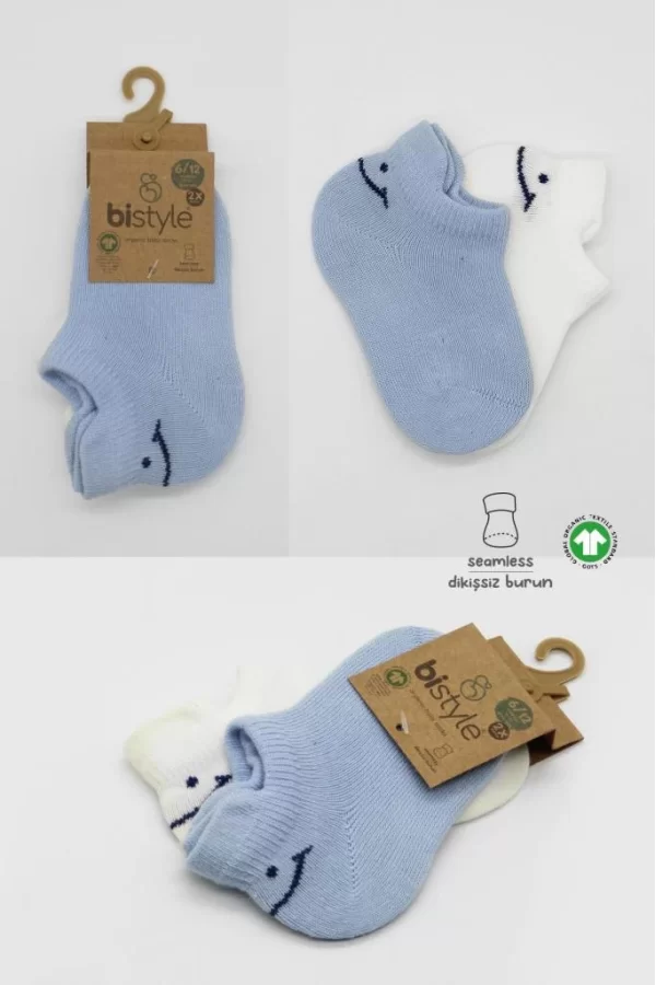 Nessiworld  Bistyle 2Li Sneakers Smile Penye Çorap BS20106 Mavi Ekru