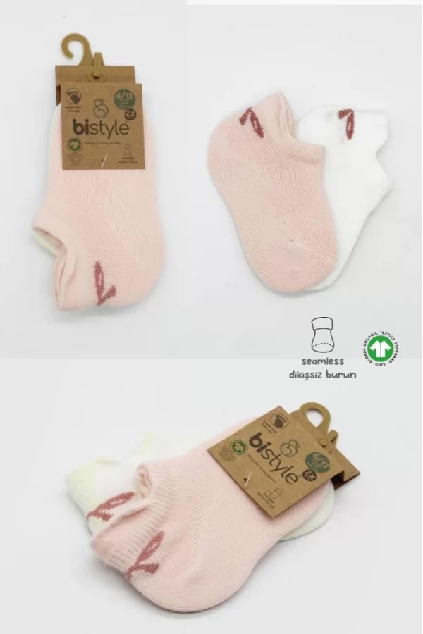 Nessiworld  Bistyle 2Li Sneakers Smile Penye Çorap BS20106 Pembe Ekru