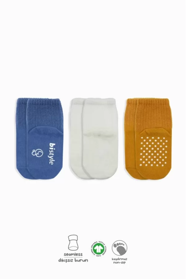 Nessiworld  Bistyle Basic Kaymaz Penye Soket Çorap 3Lü BS10106 İndigo Ekru Hardal