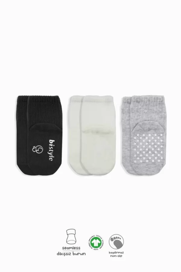Nessiworld  Bistyle Basic Kaymaz Penye Soket Çorap 3Lü BS10106 Siyah Ekru Gri