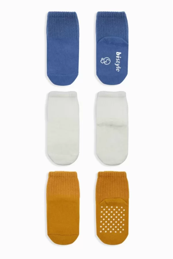 Nessiworld  Bistyle Basic Kaymaz Penye Soket Çorap 3Lü BS10107 İndigo Ekru Hardal