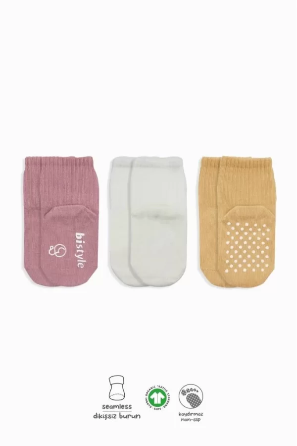 Nessiworld  Bistyle Basic Kaymaz Penye Soket Çorap 3Lü BS10107 Pudra Ekru Somon