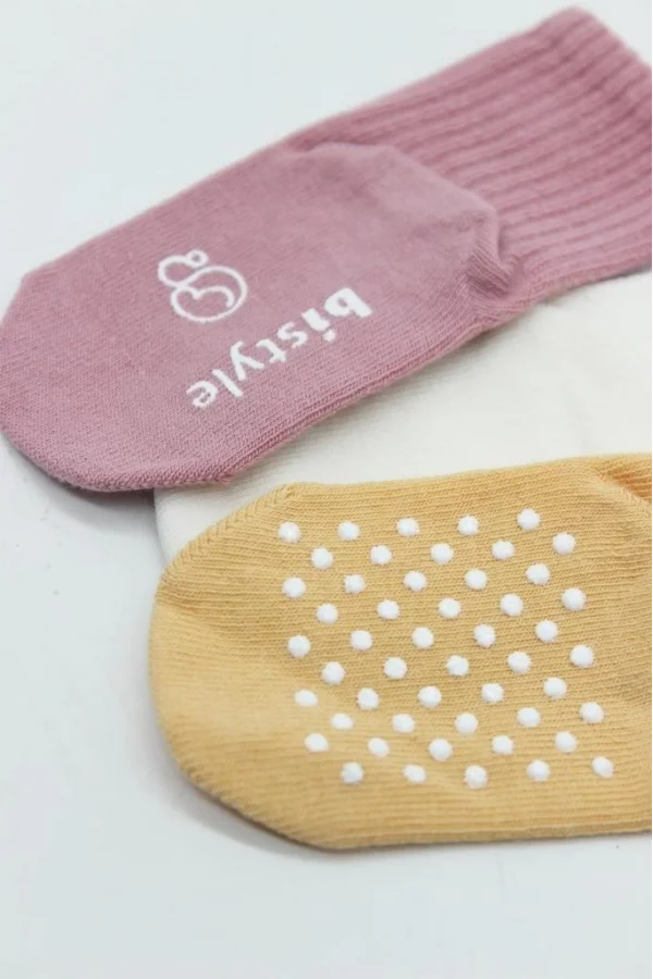 Nessiworld  Bistyle Basic Kaymaz Penye Soket Çorap 3Lü BS10107 Pudra Ekru Somon