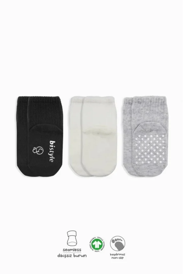 Nessiworld  Bistyle Basic Kaymaz Penye Soket Çorap 3Lü BS10107 Siyah Ekru Gri