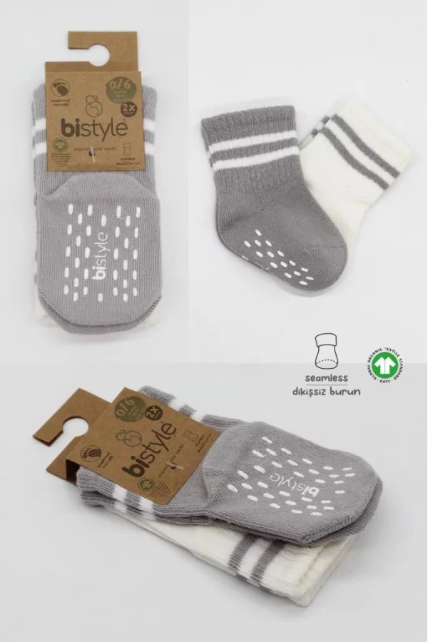 Nessiworld  Bistyle Çemberli Kaymaz Soket Çorap 2Li BS10125 Gri Ekru