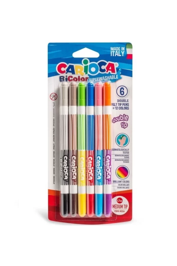 Nessiworld  Carioca Bicolor Süper Yıkanabilir Çift Uçlu Keçeli Boya Kalemi 6Lı 12 Renk