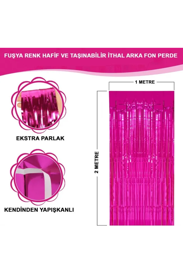Nessiworld  Fuşya Renk Ekstra Metalize Parlak Saçaklı Arka Fon Perde İthal A Kalite 1x2 Metre