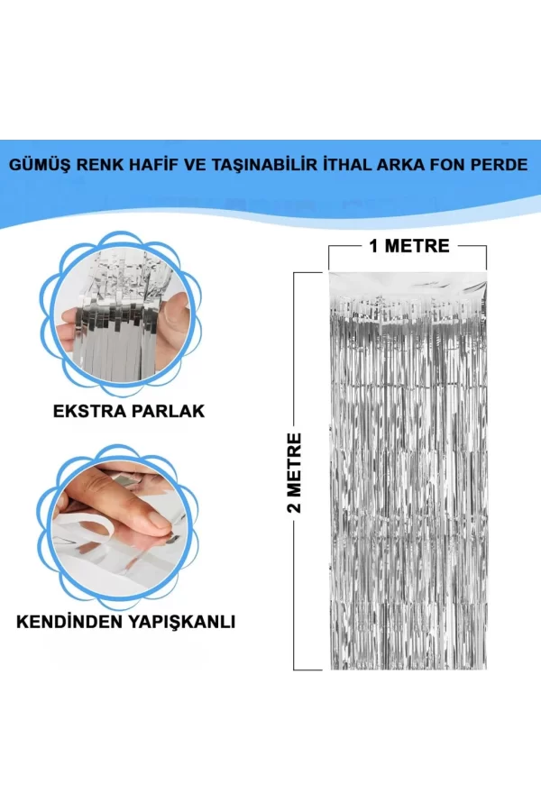 Nessiworld Gümüş Renk Ekstra Metalize Parlak Saçaklı Arka Fon Perde İthal A Kalite 1x2 Metre