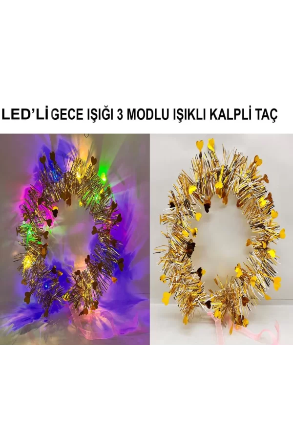 Nessiworld  Kalp Püsküllü Gece Parıltısı 3 Modlu LED&#39;li Işıklı Taç Altın Renk