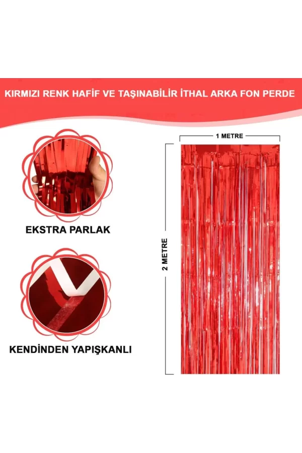 Nessiworld    Kırmızı Renk Ekstra Metalize Parlak Saçaklı Arka Fon Perde İthal A Kalite 1x2 Metre