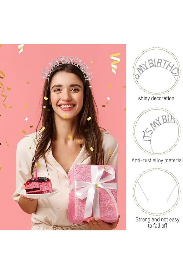 Nessiworld   Kristal Taşlı Gümüş Renk İt&#39;s My Birthday Yazılı Doğum Günü Parti Tacı 14x16 cm