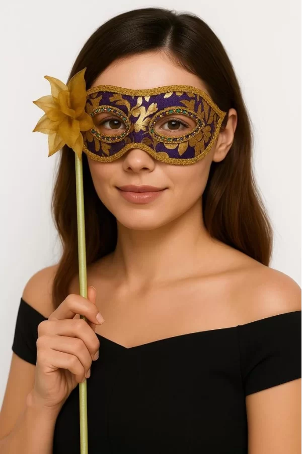 Nessiworld  Lüks Taşlı Saplı Maskeli Balo Maskesi Mor Renk 35 cm