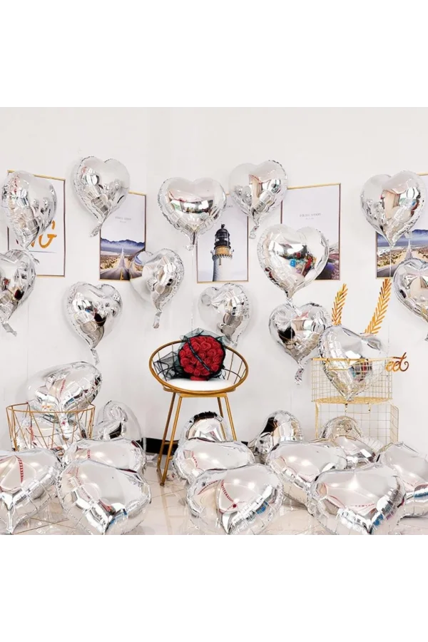 Nessiworld  Metalize Parlak Gümüş Şekilli Kalp Uçan Balon Folyo 45 cm 10 Adet