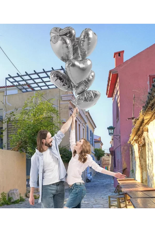 Nessiworld  Metalize Parlak Gümüş Şekilli Kalp Uçan Balon Folyo 45 cm 10 Adet