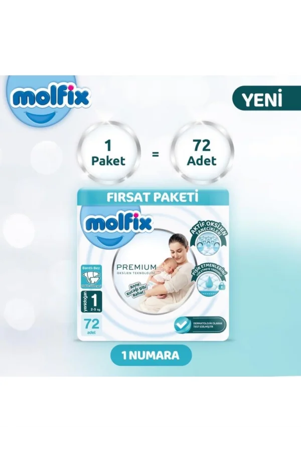 Nessiworld  Molfix Premium Bebek Bezi Fırsat Paketi 1 Beden 2-5 Kg 72 Adet