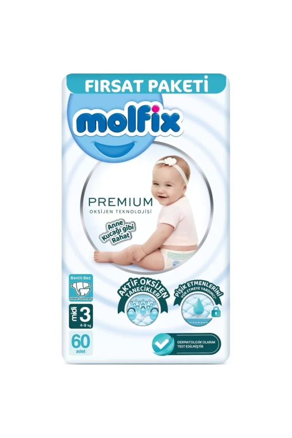 Nessiworld  Molfix Premium Bebek Bezi Fırsat Paketi 3 Beden 4-9 Kg 60 Adet