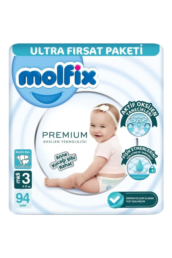 Nessiworld  Molfix Premium Bebek Bezi Ultra Fırsat Paketi 3 Beden 4-9 Kg 94 Adet