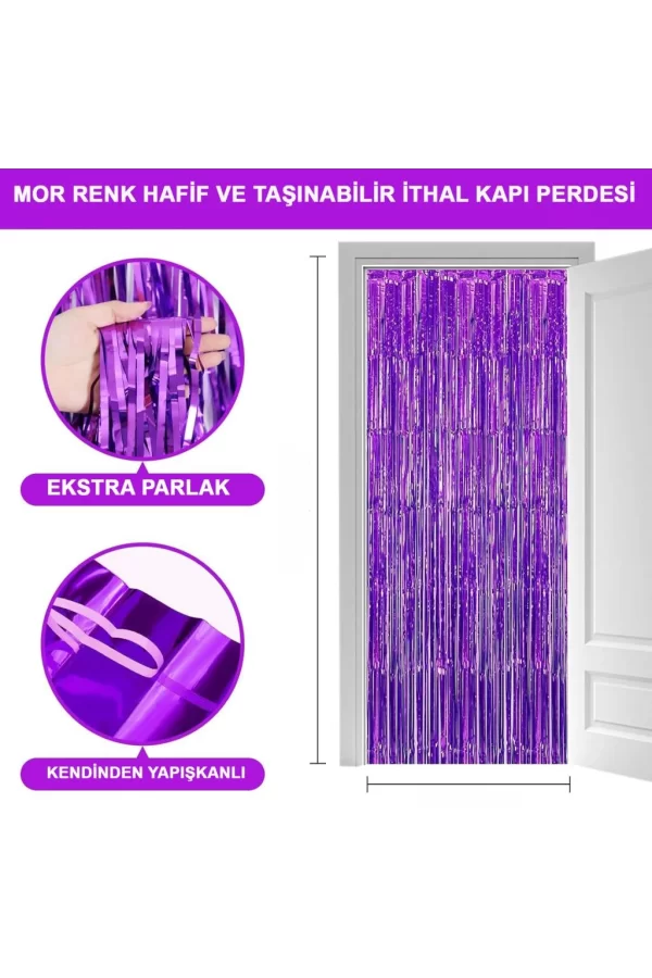 Nessiworld    Mor Renk Ekstra Metalize Parlak Saçaklı Arka Fon Perde İthal A Kalite 1x2 Metre