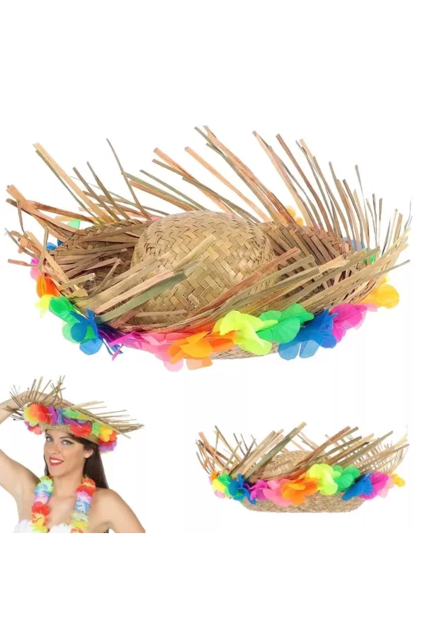 Nessiworld  Naturel Renk Püsküllü Örme Hasır Hawaii Luau Aloha Şapka 13x36 cm