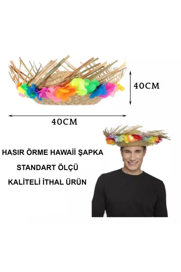 Nessiworld  Naturel Renk Püsküllü Örme Hasır Hawaii Luau Aloha Şapka 13x36 cm