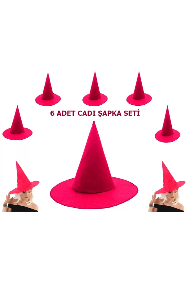 Nessiworld    Pembe Fuşya Renk Keçe Cadı Şapkası Yetişkin Çocuk Uyumlu 6 Adet