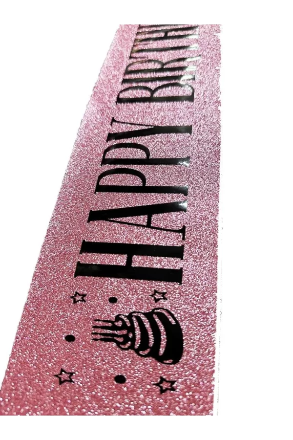 Nessiworld  Pembe Üzeri Siyah Büyük Happy Birthday Yazılı Simli Işıltılı Kuşak Kemer 10 cm Genişlik