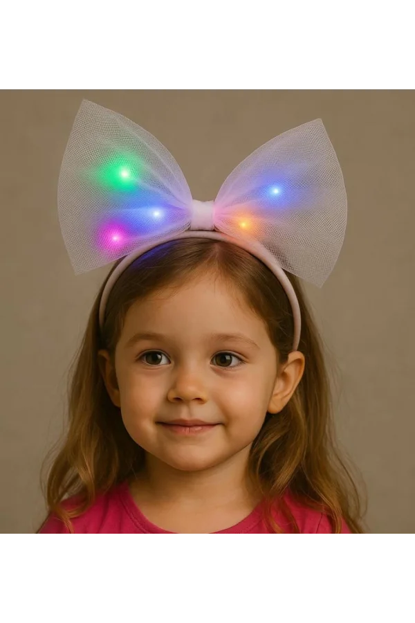 Nessiworld  Rengarenk Led Işıklı Fiyonk Şekilli Tül Parti Tacı Beyaz Renk 25x25 cm