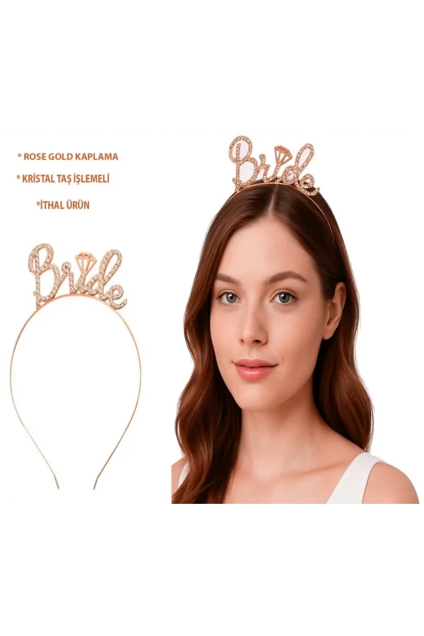 Nessiworld Rose Gold Renkli Taşlı “Bride” Gelin Tacı – El Yazısı Yazı Tipiyle