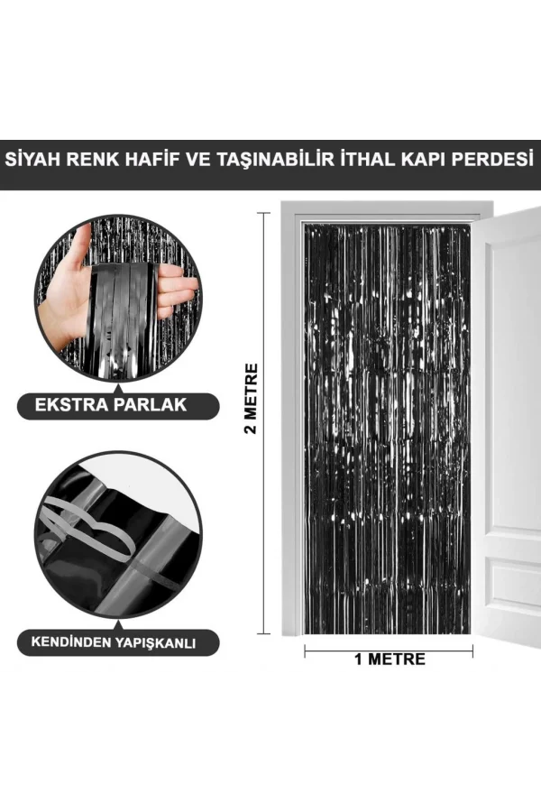 Nessiworld  Siyah Renk Ekstra Metalize Parlak Saçaklı Arka Fon Perde İthal A Kalite 1x2 Metre