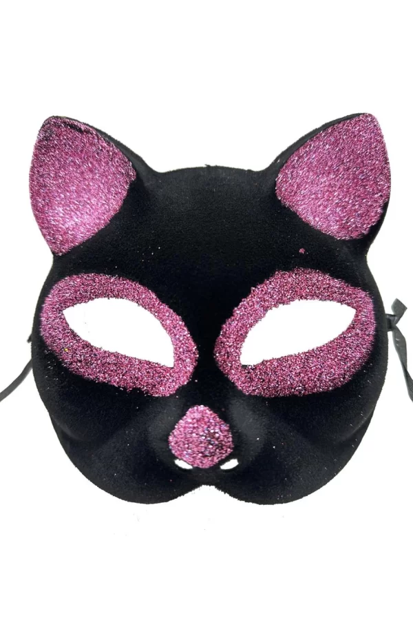 Nessiworld  Siyah Renk Pembe Simli Süet Kedi Maskesi 18x14 cm