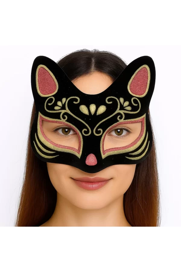 Nessiworld  Siyah Renk Süet Kaplama Üzeri Kırmızı Sarı Simli Kedi Maskesi 17x14 cm