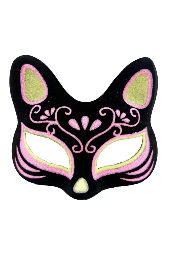 Nessiworld    Siyah Renk Süet Kaplama Üzeri Sarı Pembe Simli Kedi Maskesi 17x14 cm