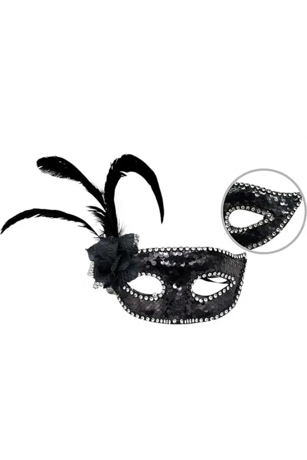 Nessiworld    Siyah Renk Yandan Tüylü Güllü Gümüş Taşlı Pullu Maske 20x22 cm