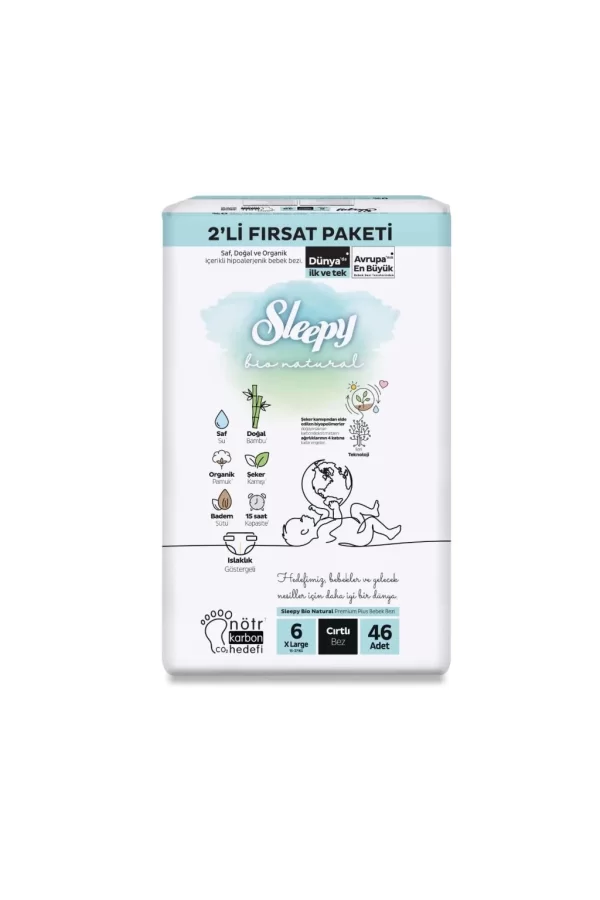 Nessiworld  Sleepy Bio Natural Bebek Bezi 2Li Fırsat Paketi 6 Beden 46 Adet