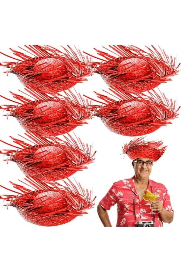 Nessiworld  Tropikal Parti Kırmızı Hasır Hawaii Şapkası 13x36 cm