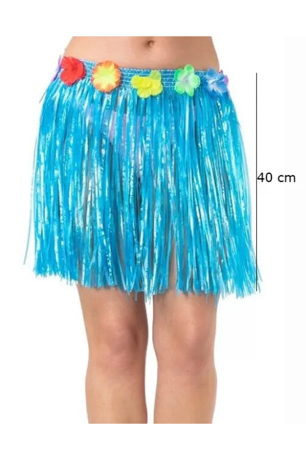 Nessiworld  Yetişkin ve Çocuk Uyumlu Mavi Renk Püsküllü Hawaii Luau Hula Etek 40 cm