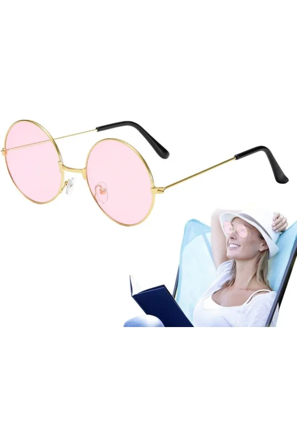 Nessiworld  Yuvarlak Cam John Lennon Tarzı Hippi Gümüş Çerçeveli Pembe Gözlük