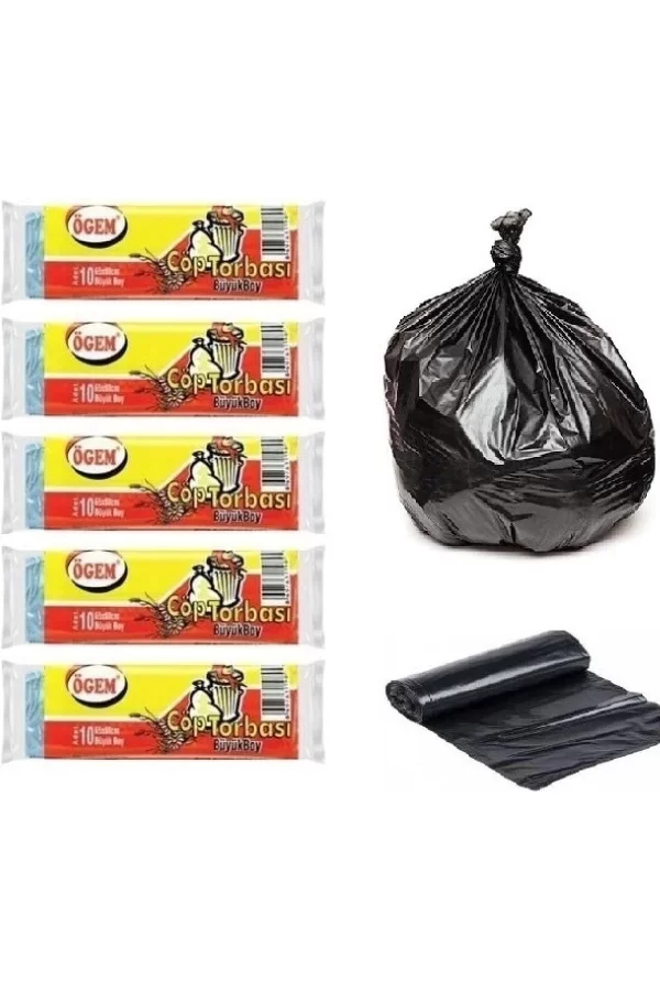 Ögem Büyük Boy Çöp Poşeti 65x80 Cm 50 Lt 10lu Rulo 5 Paket Siyah