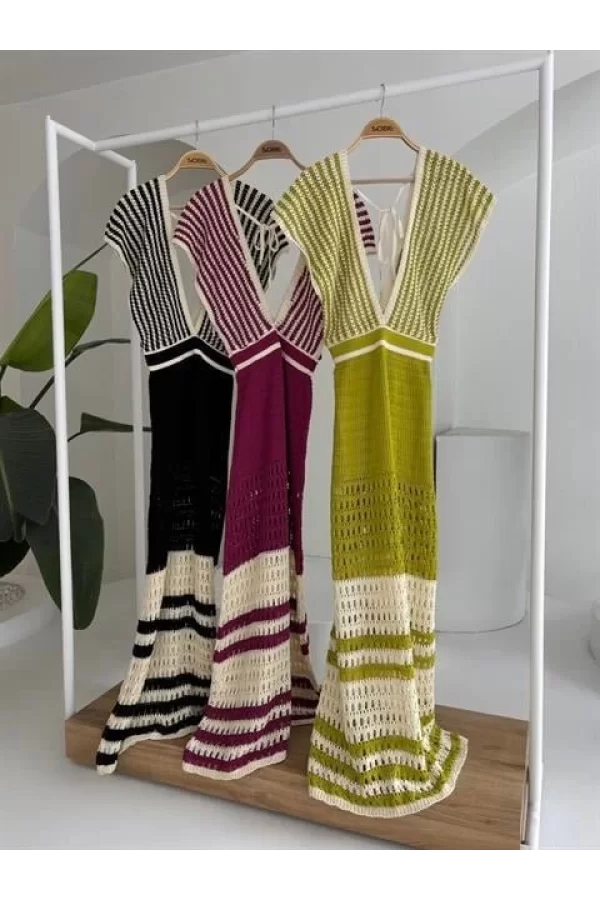 Omuzu Çizgili Ajurlu Triko Elbise 2868