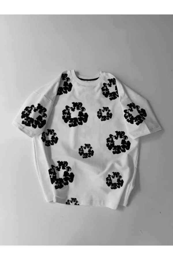 Ön Ve Arka Baskılı Oversize Bisiklet Yaka T-shirt- Beyaz