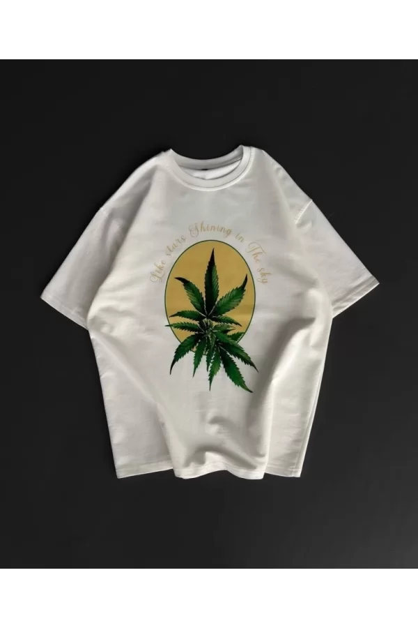 Ön Ve Arka Baskılı Oversize Bisiklet Yaka T-shirt- Beyaz