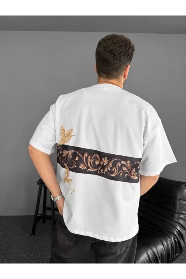 Ön Ve Arka Baskılı Oversize Bisiklet Yaka T-shirt - Beyaz