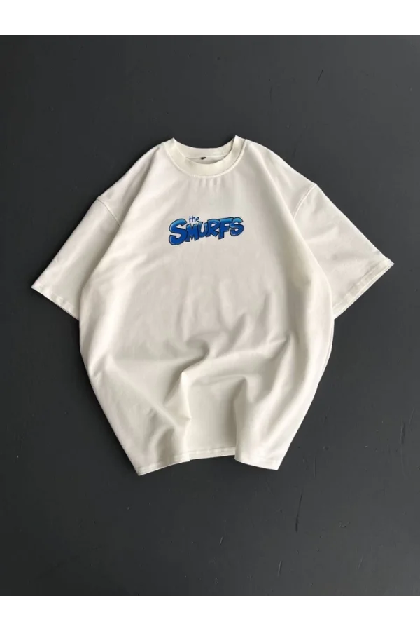 Ön Ve Arka Baskılı Oversize Bisiklet Yaka T-shirt- Beyaz