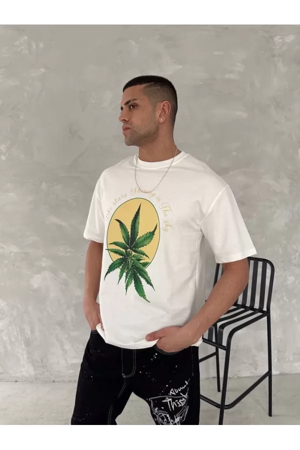 Ön Ve Arka Baskılı Oversize Bisiklet Yaka T-shirt- Beyaz