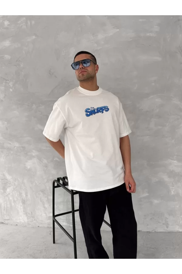 Ön Ve Arka Baskılı Oversize Bisiklet Yaka T-shirt- Beyaz