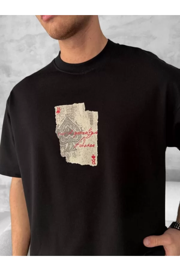 Ön Ve Arka Baskılı Oversize Bisiklet Yaka T-shirt - Siyah