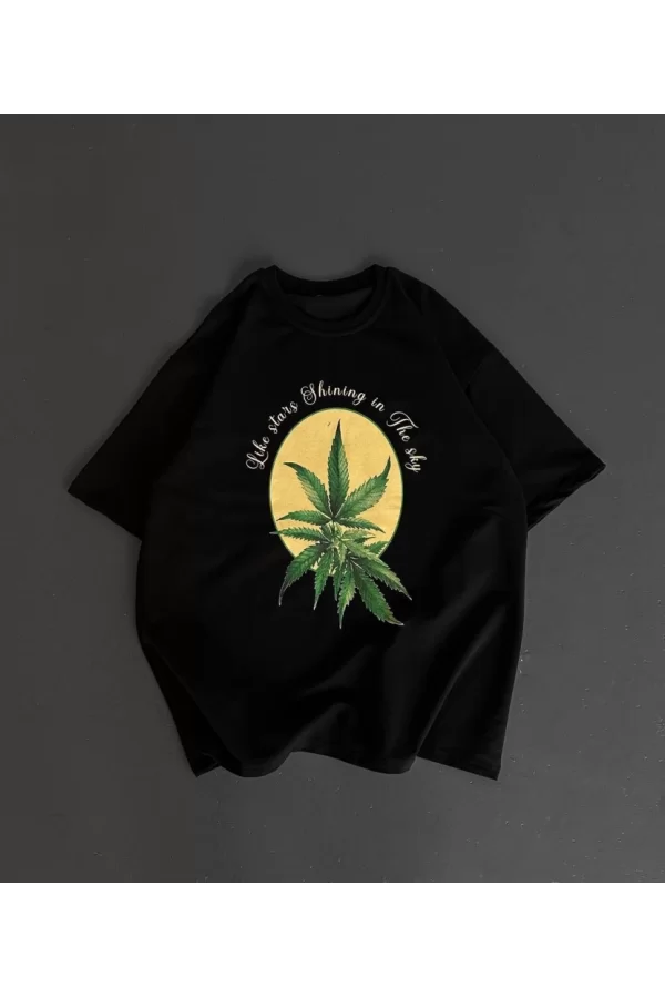 Ön Ve Arka Baskılı Oversize Bisiklet Yaka T-shirt- Siyah