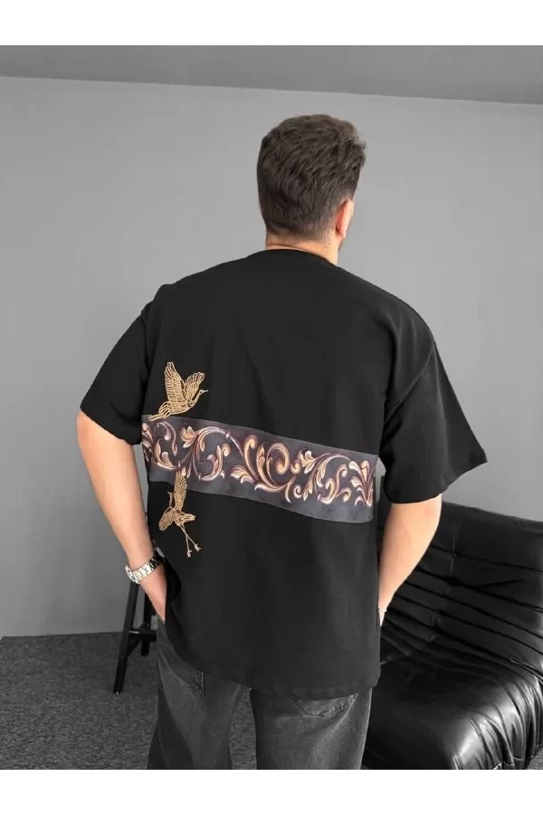 Ön Ve Arka Baskılı Oversize Bisiklet Yaka T-shirt - Siyah