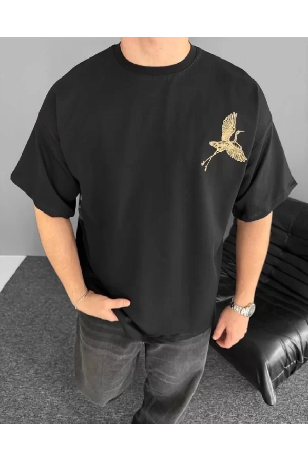 Ön Ve Arka Baskılı Oversize Bisiklet Yaka T-shirt - Siyah