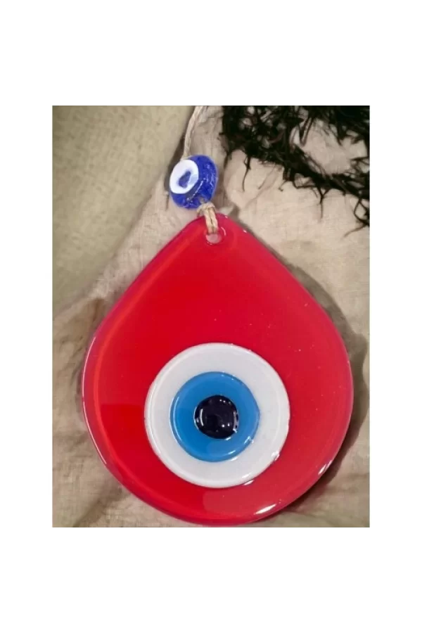 Orta Boy Kırmızı Damla Desen Nazar Boncuklu Duvar Dekoru Cam Duvar Süsü